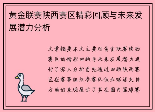 黄金联赛陕西赛区精彩回顾与未来发展潜力分析